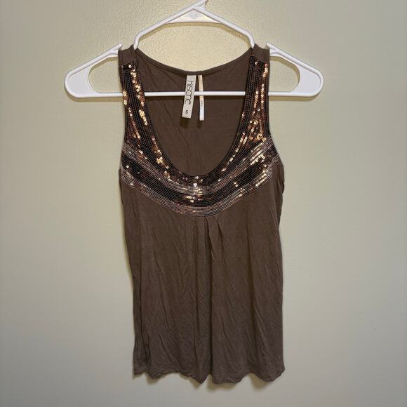 Kische Brown Sequin Scoopneck Tank Top Small Y2K Sleeveless Soft Neutral Boho - Picture 1 of 9